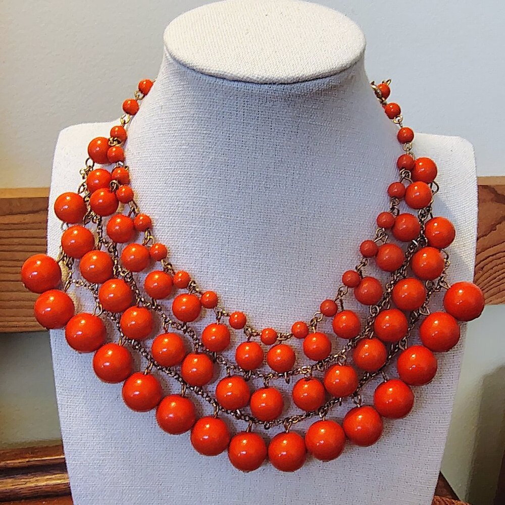 Vtg 90s Graduated Pumpkin Orange Dangle Charms Bead Bib Collar Necklace